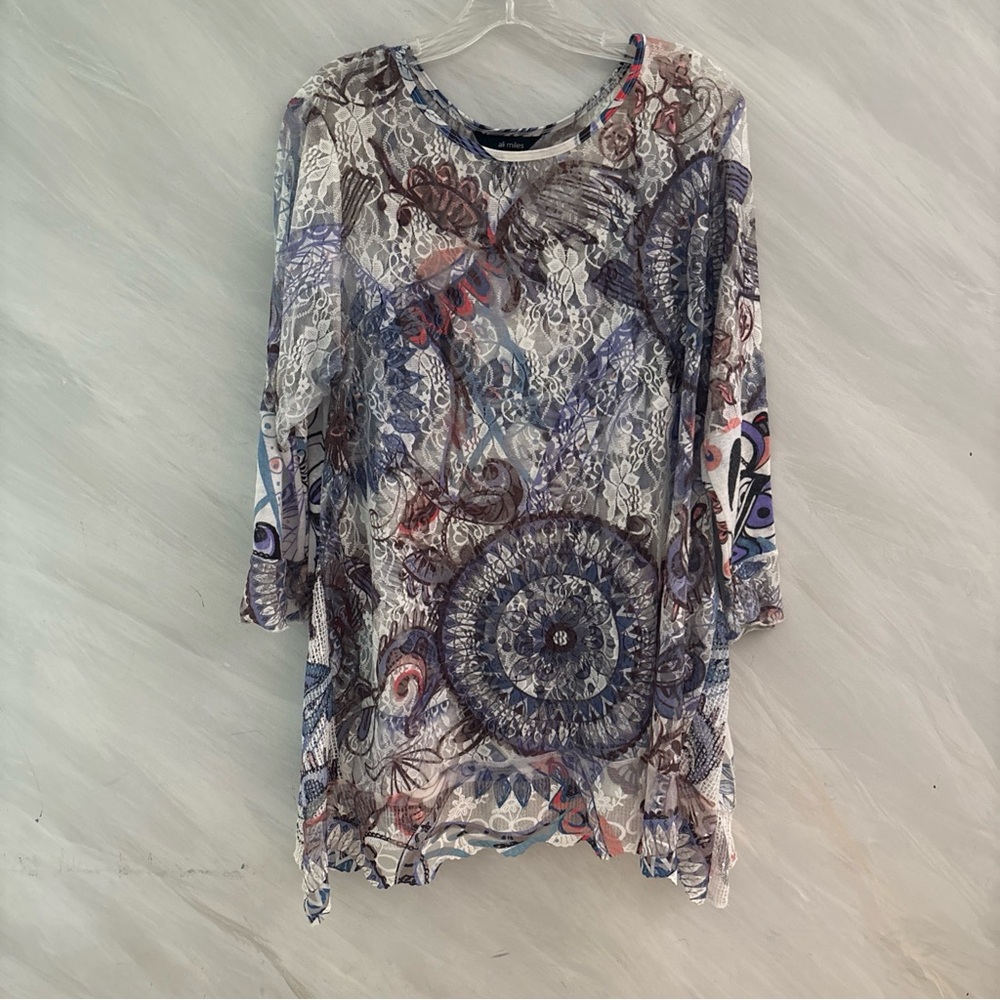 Ali Miles  XL Spaghetti Strap Top w/  Mesh Lace 3/4 Sleeve Overlay Blouse Boho